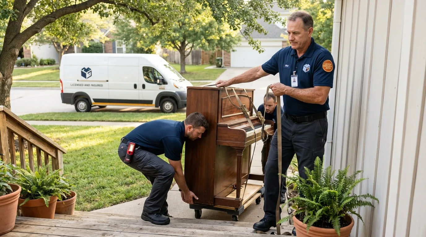 Licensed piano movers securing grand piano in Lake Bluff, IL