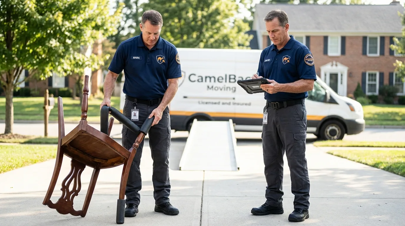 Movers inspecting furniture for damage prevention before loading in Lake Bluff, IL