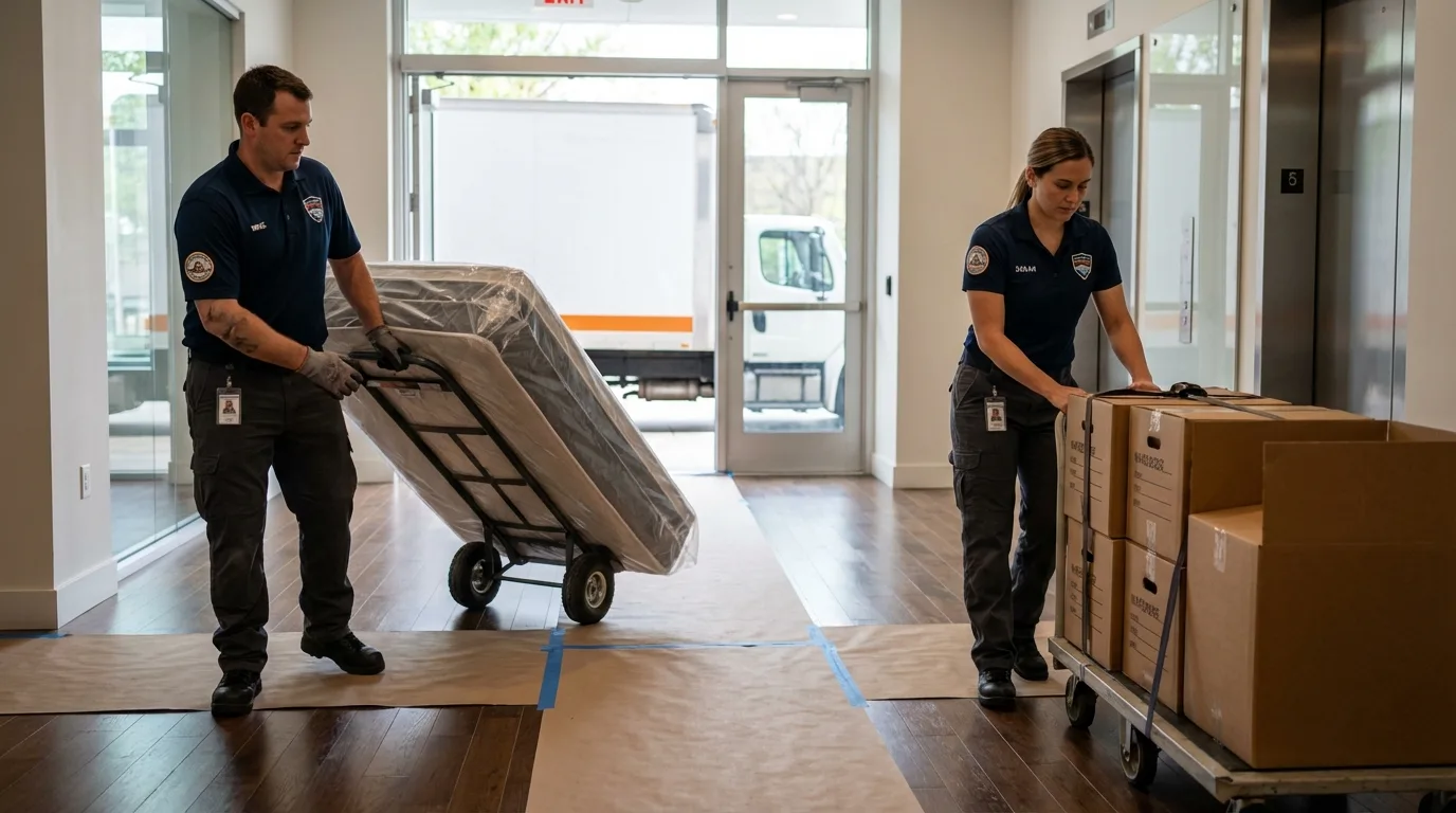 Professional apartment movers loading elevator in Lake Bluff, IL